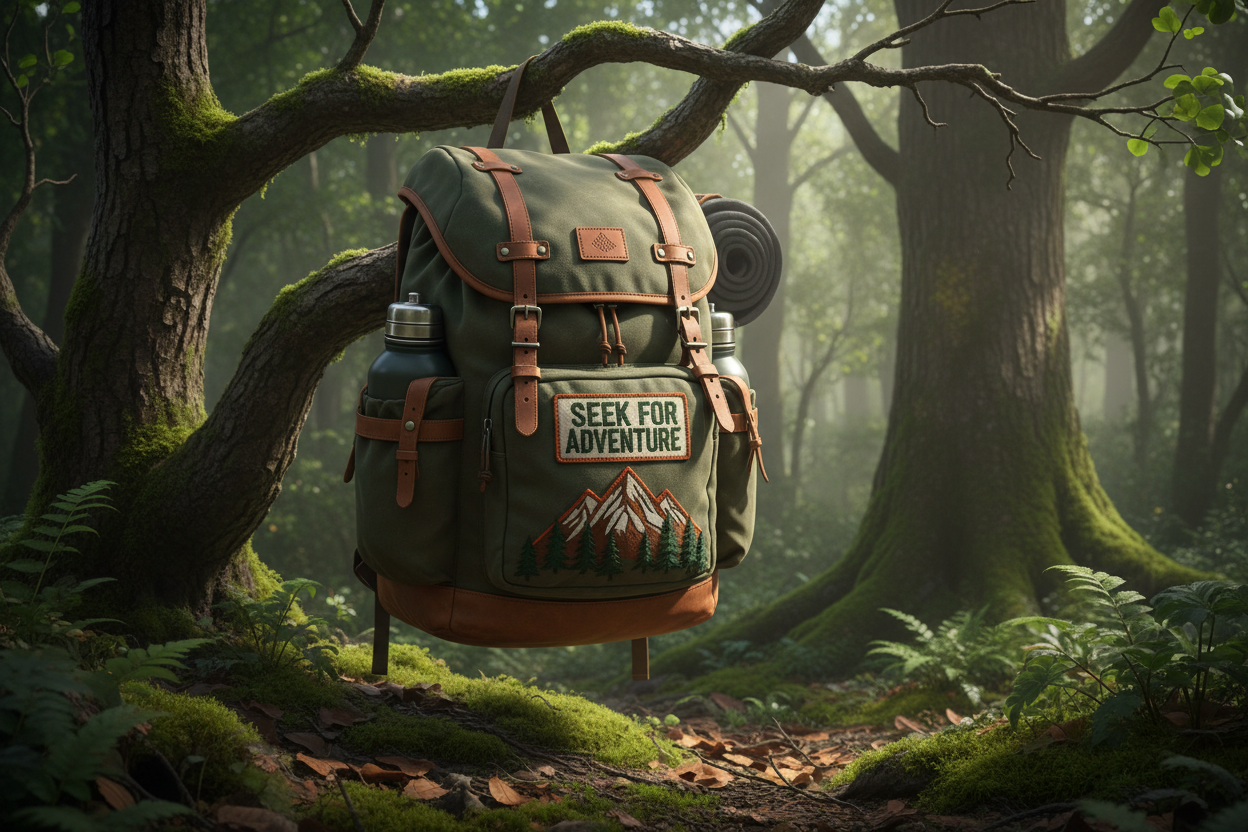 make it like a patch on a backpack that is hanging out in the woods